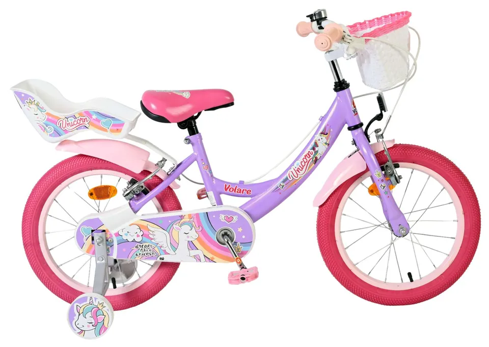volare-unicorn-16-zoll-kinderfahrrad-lila-mit-korb-puppensitz image 1
